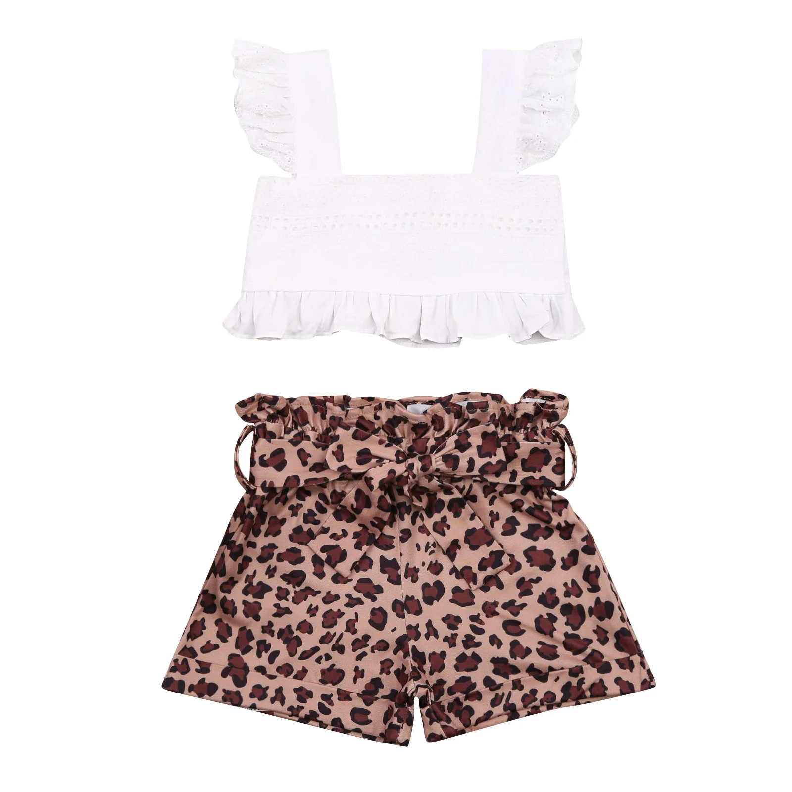 

Fashion Kids Girls Clothes Sets Ruffles Fly Sleeve T Shirts Tops Leopard Shorts 2pcs 1-5Years