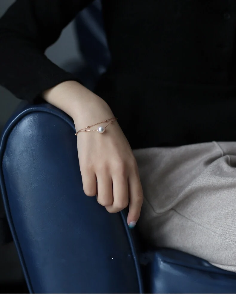 

18K Solid Yellow Gold (AU750) Women Single grain bracelet chain Natural Seawater Pearl Fashion Lady