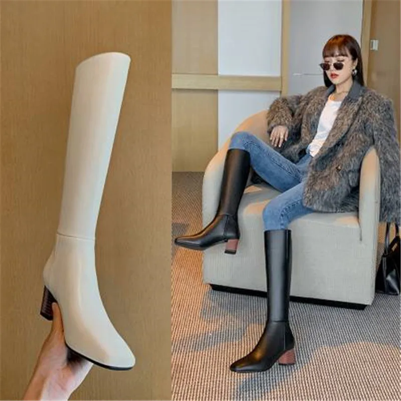 

Женские сапоги из натуральной кожи, высокие сапоги до колена на квадратном каблуке, на молнии, зима 2020