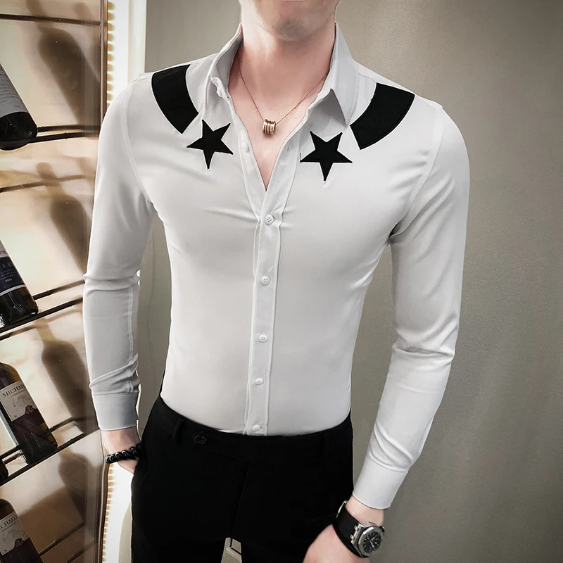 

Autumn Spring Fashion Long Sleeve Print Men Streetwear Casual Slim Fit Party Dress Shirt High Quality British Style Shirt Men