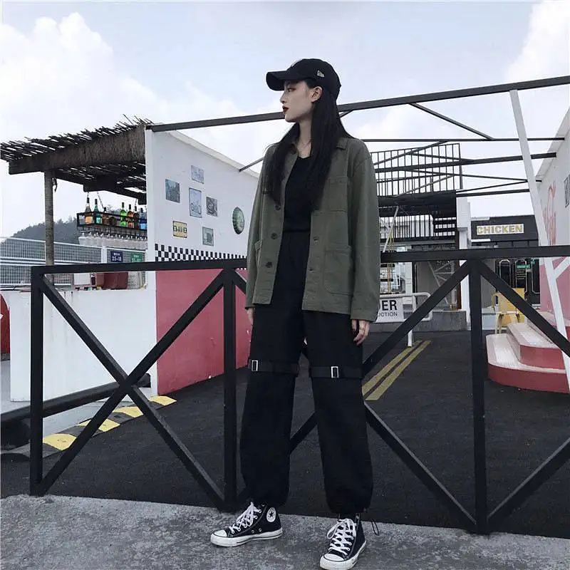 

Cool Autumn Streetwear Black Cargo Pants Women Harajuku BF Loose Big Pocket Hearm Pants High Waist Loose Female Trousers Girl