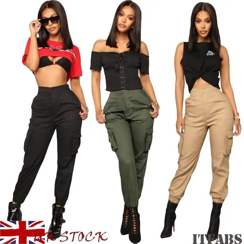 Женские хлопковые брюки карго с высокой талией однотонные повседневные