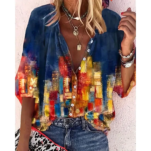 

Women's Blouse Shirt City Graphic Scenery Print Standing Collar Ethnic Chinoiserie Tops Puff Sleeve Blue Wine Black