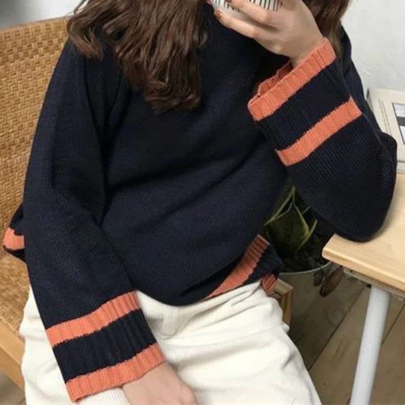 

Pullover Women Striped Knitted Fashion Loose Korean Style Casual Students Chic Sweet Simple Female Sweaters Outwear All-match