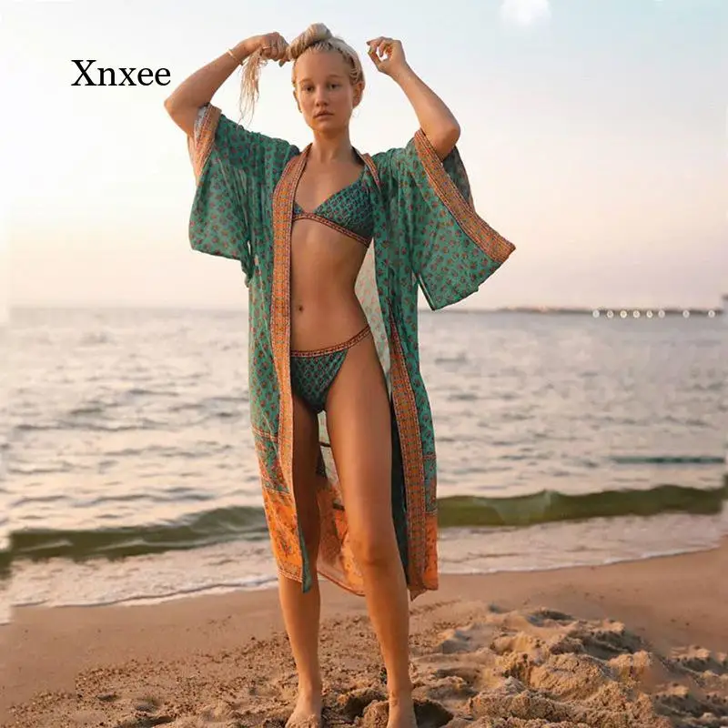 

Цветочный принт в богемном стиле крышка-ап винтижный купальник Дамский синие длинные дизайн кимоно блузка с рукавами «летучая мышь» Кардиг...