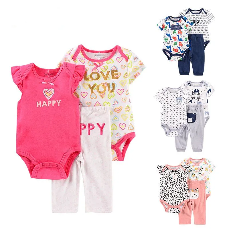 

3pcs /set Baby Boy Girl Clothes Set Outfit Infant Short Sleeve Bodysuits Pants Cute Cartoon Newborn Summer Clothes 0-12months