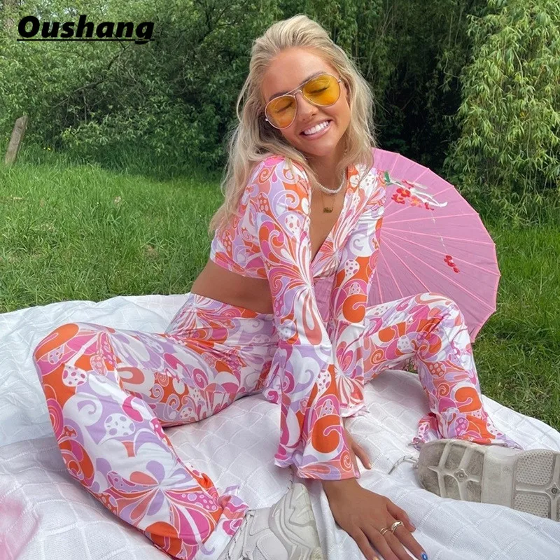 

Y2K Streetwear 2021 Floral Print 2 Piece Sets Women Flare Sleeve Tops + High Waist Long Pants 90s Vintage Tracksuits Party Club
