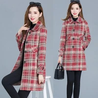 autumn winter women plaid mid long coat casual plus size 5xl jacket fashion single breasted outerwear warm female woolen coats