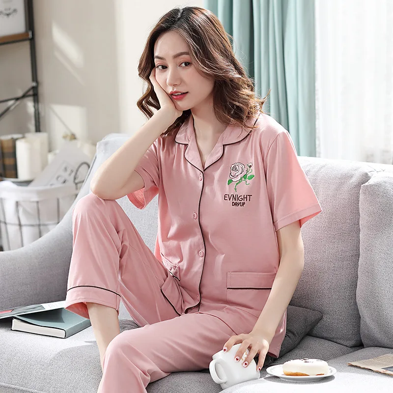 

Summer Two Piece Set Women Cotton Short Sleeve Trousers Print Sleepwear 3XL