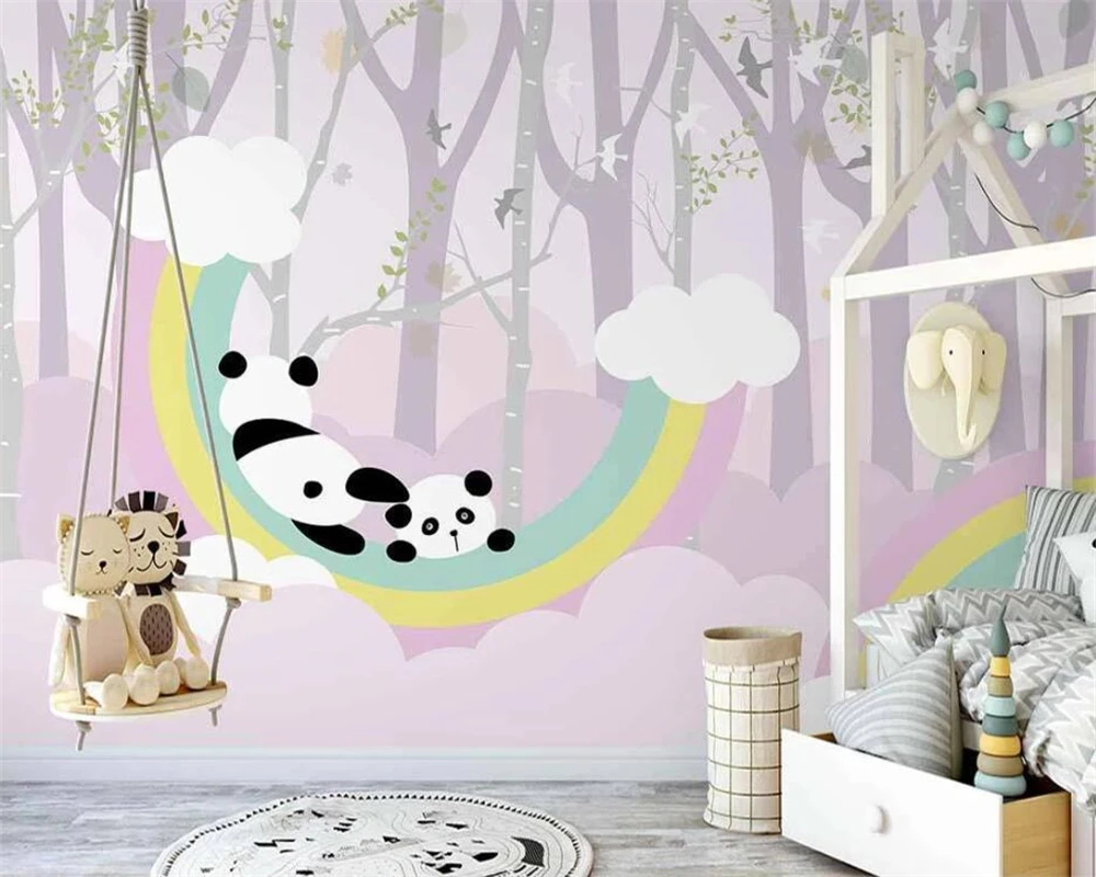 

beibehang Customized Rainbow Red Panda Cloud Forest Children Background Modern Hand-painted papel de parede Wallpaper
