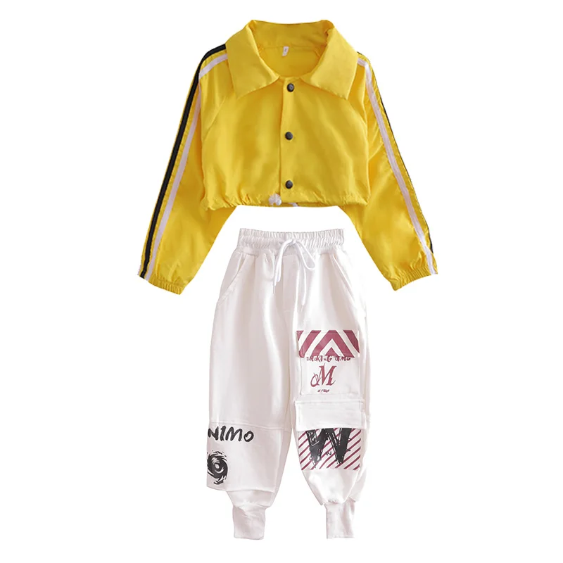 

2019 New Jazz Dance Costumes Kids Hip Hop Clothing For Girls Yellow Jacket White Vest Pants Children Street Clothes Show Wear
