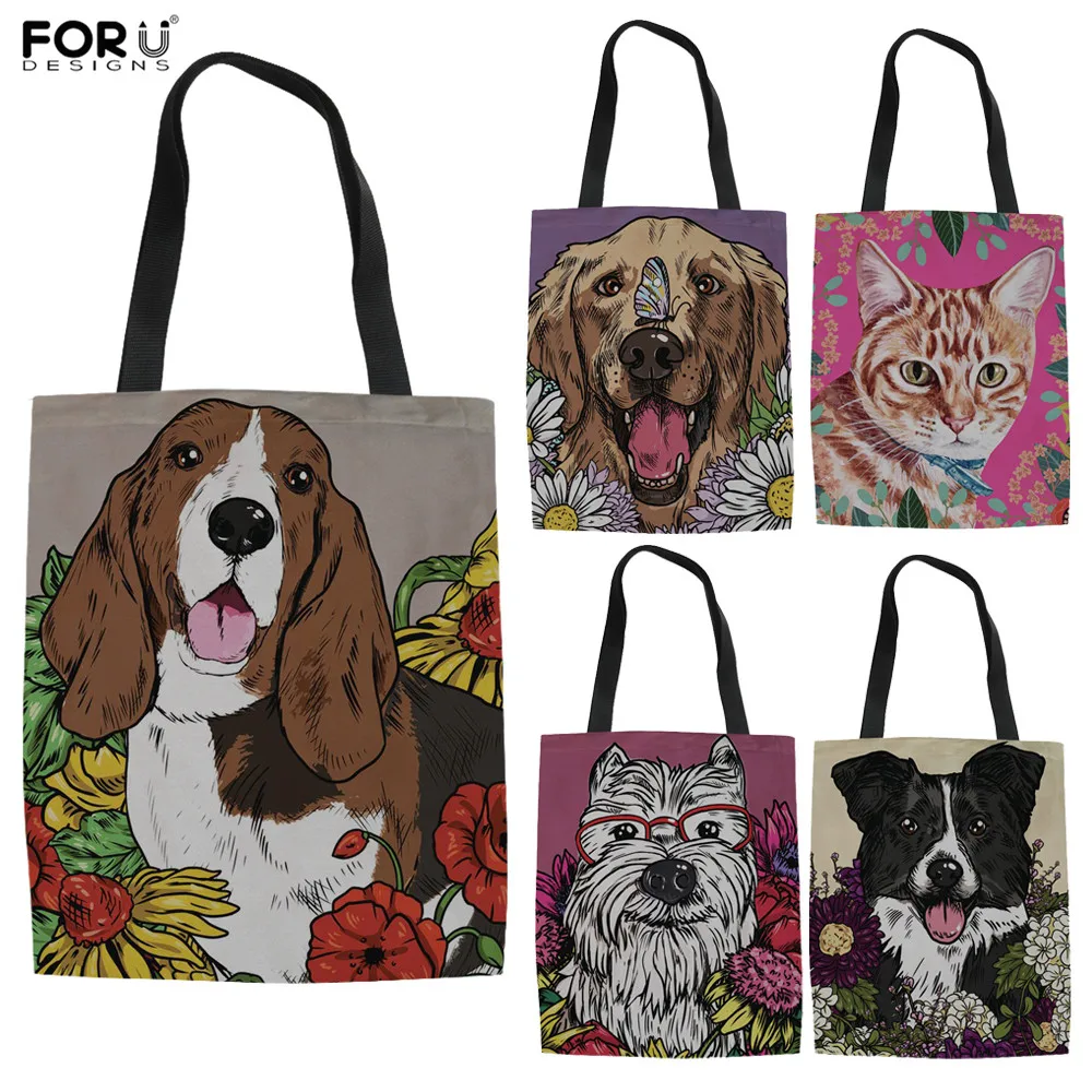 FORUDESIGNS Personalized Dog Florals Women Linen Tote Bag Golden Retriever Reusable Shopping Girls Shoulder for Shopper | Багаж и сумки