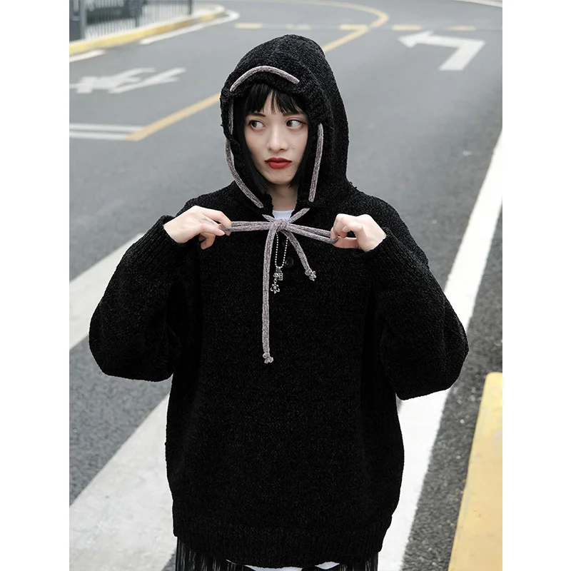 Толстовки Женская синель шляпа веревка Juezi текстура удобный осень зима черный