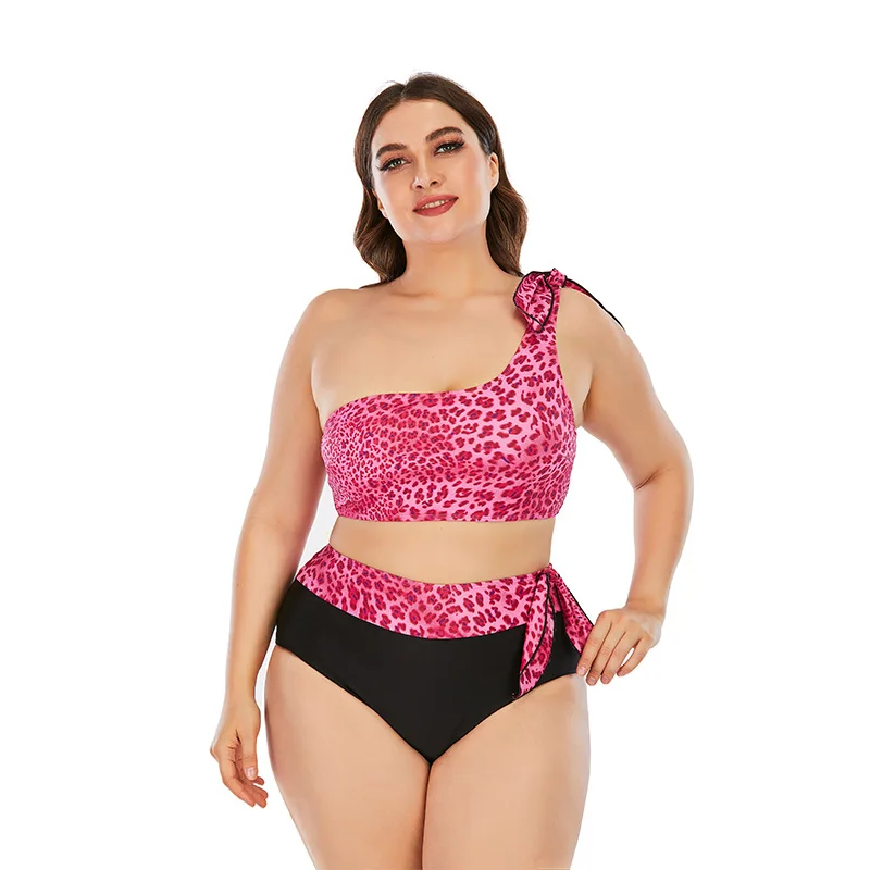 

2021 New Feminine Plus Size One-Shoulder High-Waist Split Bikini Set Women's Print Red Leopard Print Beach Swimsuit Sw713