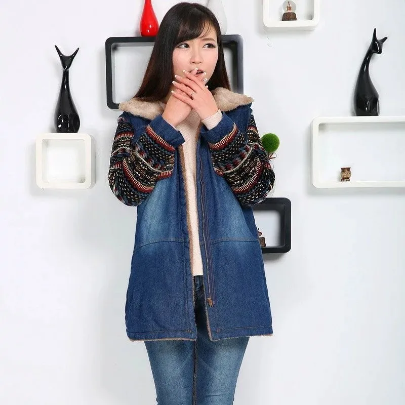 Новинка женские джинсовые куртки с капюшоном из овечьей шерсти модные джинсы