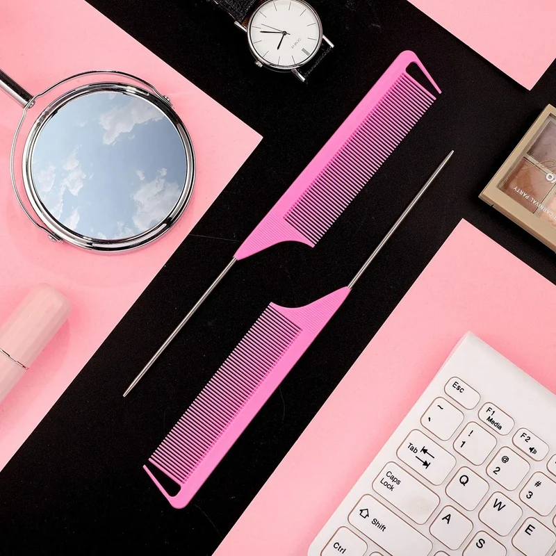

12 Pieces Parting Comb with Stainless Steel Pintail for Hair Styling Hairdressing (Pink)