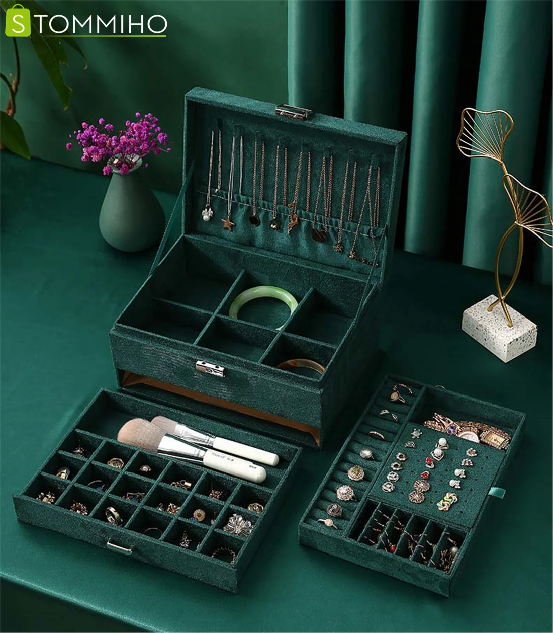 

STOMMIHO 3-Layer Women Jewelry Organizer Box Makeup Holder Velvet Display Storage Case with Lock for Rings Necklace Earrings