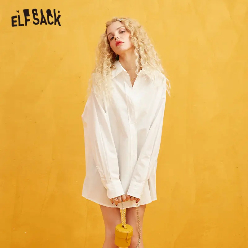 ELFSACK белые однотонные женские рубашки с вышитыми буквами 2019 Осенние повседневные