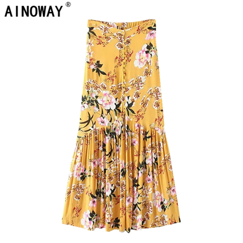Винтажная модная женская желтая пляжная юбка с цветочным принтом в богемном