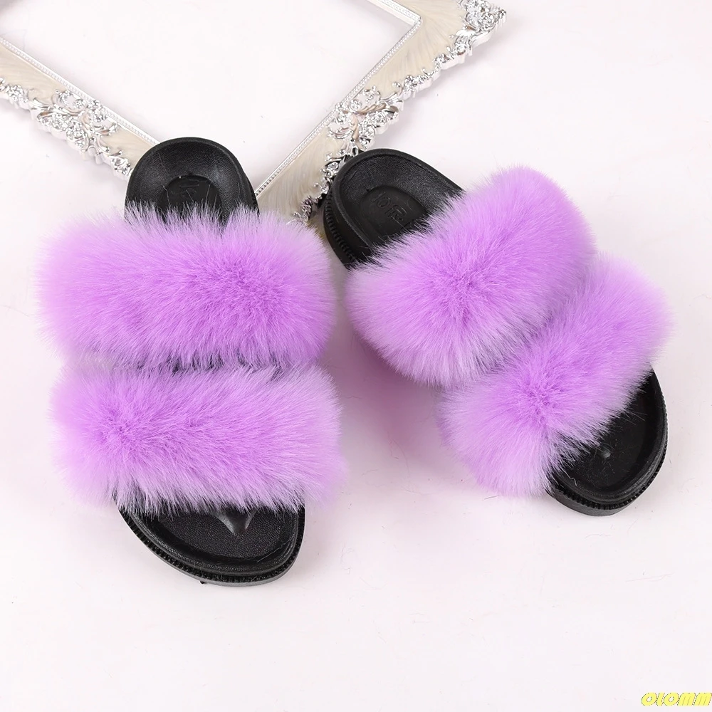 

Winter Women Fur Slides Furry Slippers Plush Fox Fur Fluffy Sandals Female Indoor Flip Flops Casual Warm Slippers Shoes