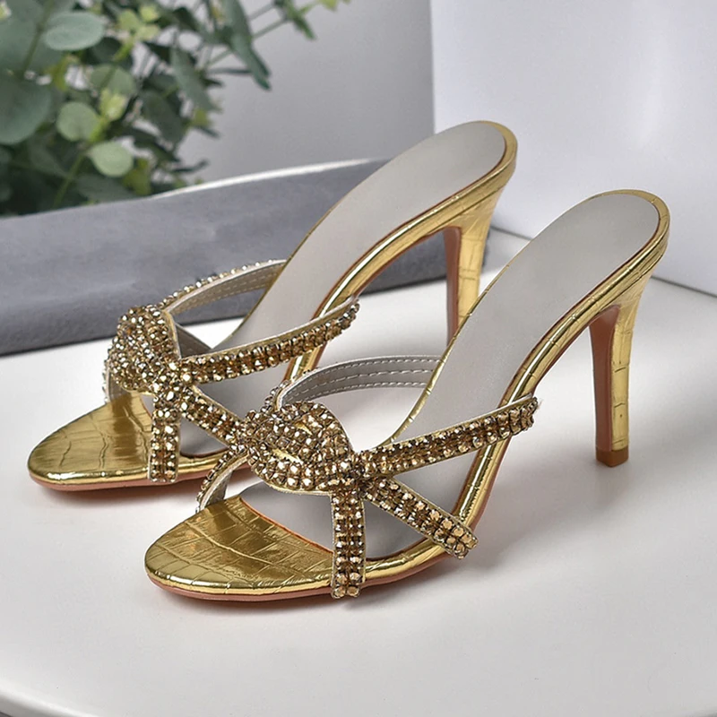 

Летние шлепанцы на высоком каблуке, женские блестящие сандалии с кристаллами, Сексуальная вечерняя Обувь, шлепанцы для женщин, стразы, санд...