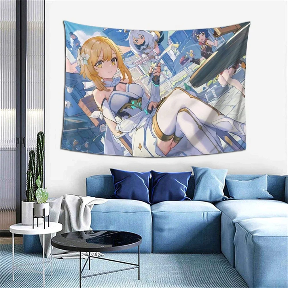 

Японский аниме гобелен Genshin Impact, настенный подвесной гобелен, фон для телевизора, эстетический художественный плакат, украшение спальни