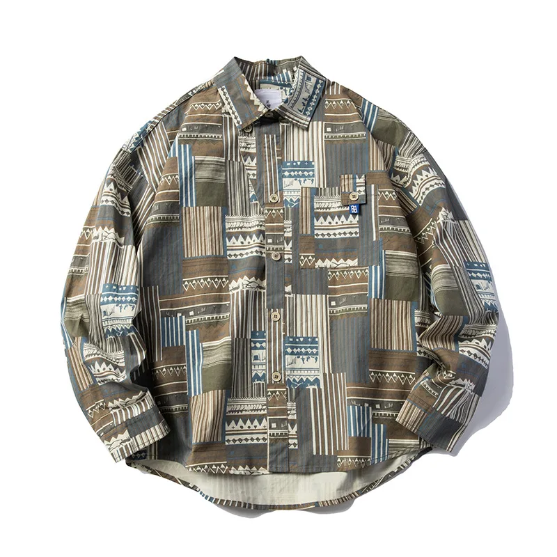 

Men Clothing 2021 Spring Autumn Vertical Striped Loose Shirt Youth Retro Color Matching Shirt Jacket