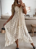 women lace strap dress sleeveless v neck hollow out white sexy beach braid tassel long dresses party evening clothing lady