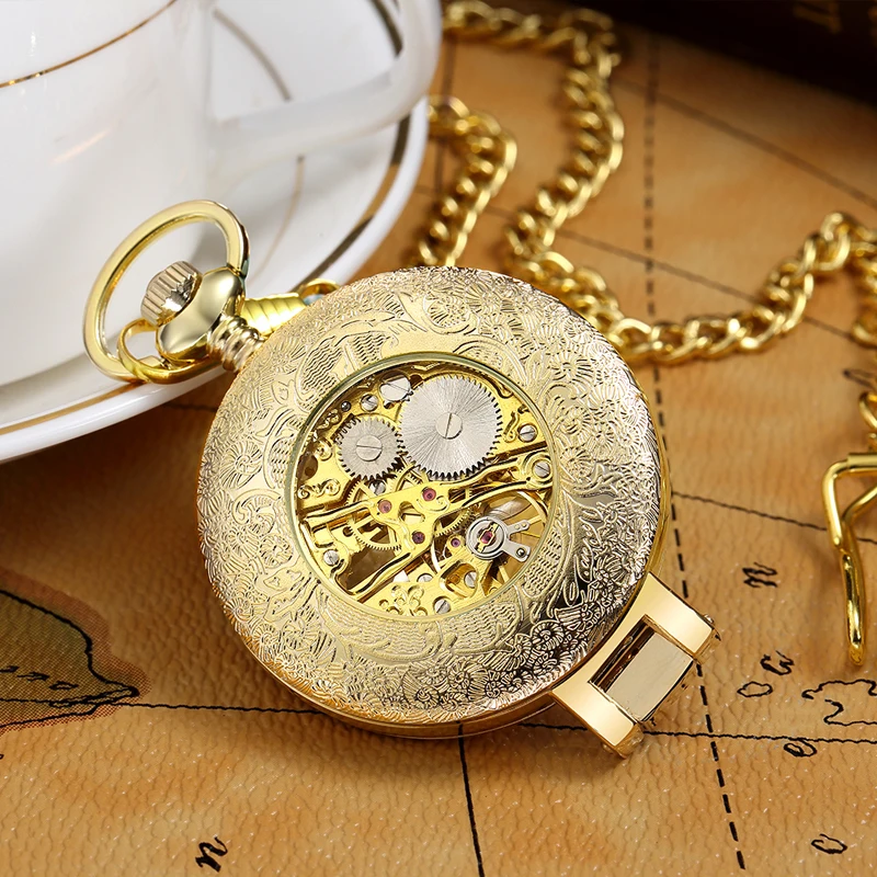 Golden Retro Antique Round Automatic Mechanical Pocket Watch Fob Chain Hand Winding for Men Women