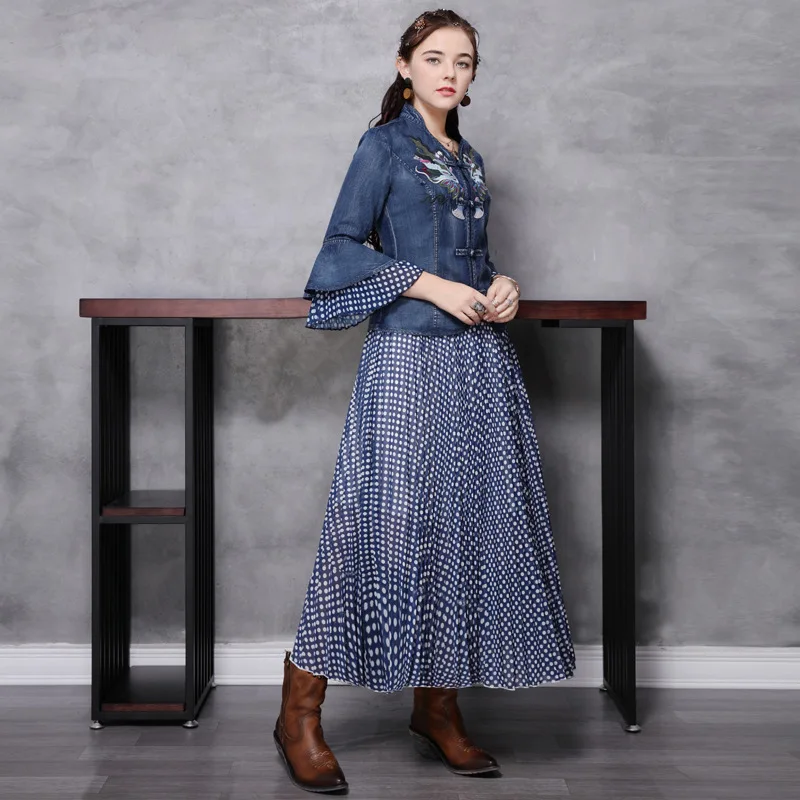 

Denim Dress Twinset 2020 Spring/autumn Women Vintage Dot A-line Patchwork Lady Embroidery Vintage Long Dress