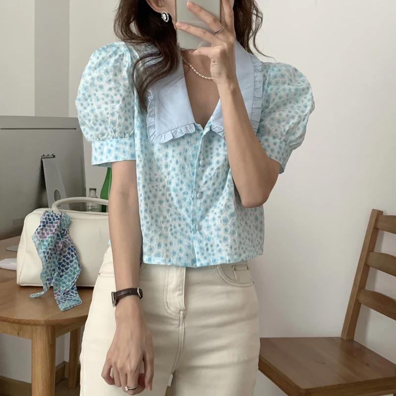 

Alien Kitty Stylish Women New Florals Chic Ruffles 2021 Summer Hot Femme Gentle Shirts High Waist Streetwear Short Sleeves Tops