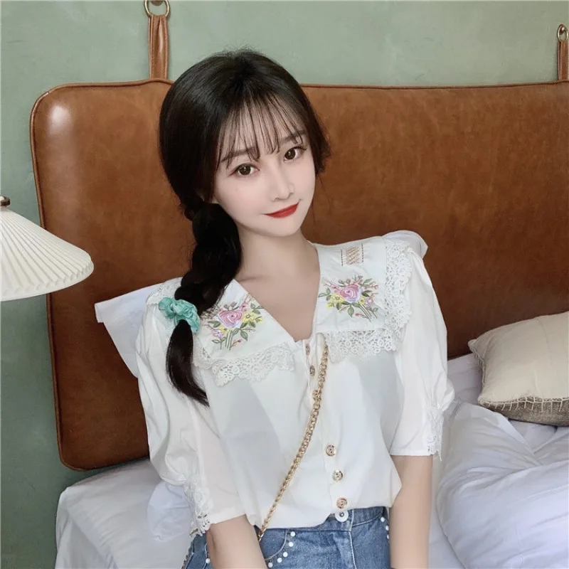 

Doll Collar Embroidered Shirt Women's Design Sense Summer 2021 New French Style Retro Style Fashionable All-Matching Puff Sleeve