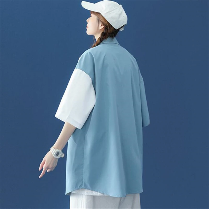 

2021 Summer Fashion New Loose Large Size Lapel Single-Breasted Short-Sleeved Thin Style Stitching Shirt Women Trendy H159