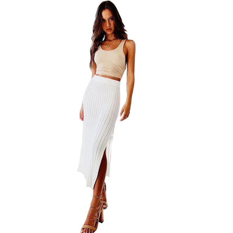 

Women Fashion Office Lady Package Hip Midi Skirts Summer High Waist Ribbed Knitting Stretch Split Skirt Party Bottoms White