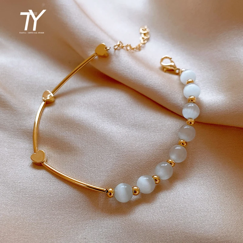

Classic Opal Round Bead Heart-Shaped Metal Bracelets For Woman Korean Fashion Jewelry Party Girl's Luxurious Unusual Bracelet