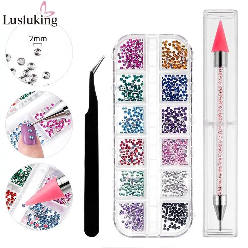 12 Grids Crystal Nail Art Decoration Studs Tweezers Drill Pen Set Gold Silver Colorful Strass Jewelry DIY 3D Charms Accessories