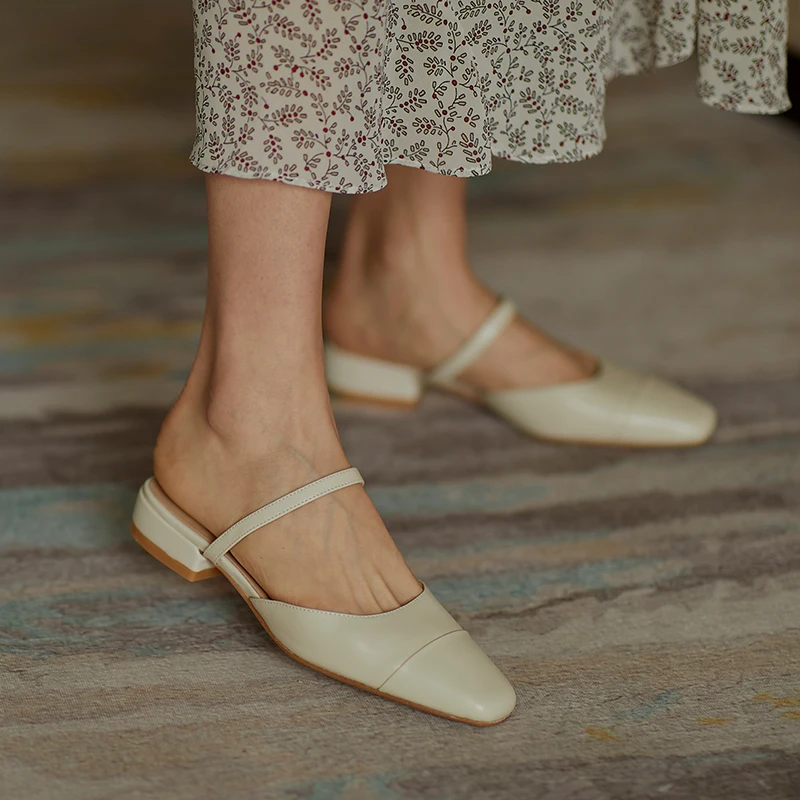 

2021 Fashion Women Low Heels Pumps For Women Fashion Open Toe Shoes Woman slippers Genuine Leather Party Basic Women Shoes