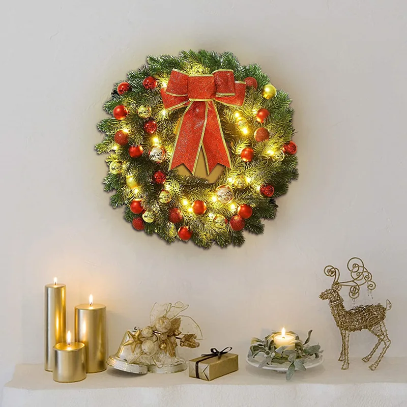 

Рождественский венок с бантом светодиодный светодиодная гирлянда на батарейках, висячая Гирлянда для входной двери, праздничные украшения...