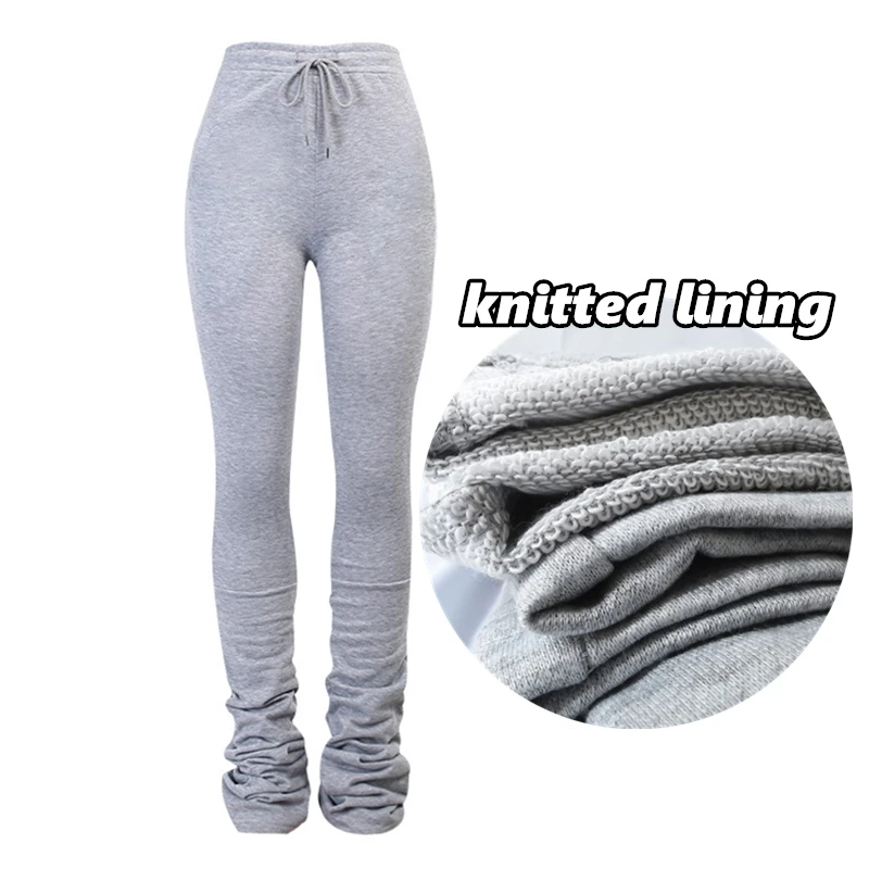 

BOOFEENAA Street Style Gray Sweatpants for Women Drawstring Casual Extra Long Stacked Pants Winter Thick Warm Trousers C85-CD57
