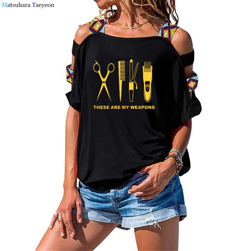 

Cotton t-shirt Print O-Neck Hollowed sleeve Hairdresser Weapon T-shirts Woman scissors Clothing femme Tops Tees Barber T Shirt