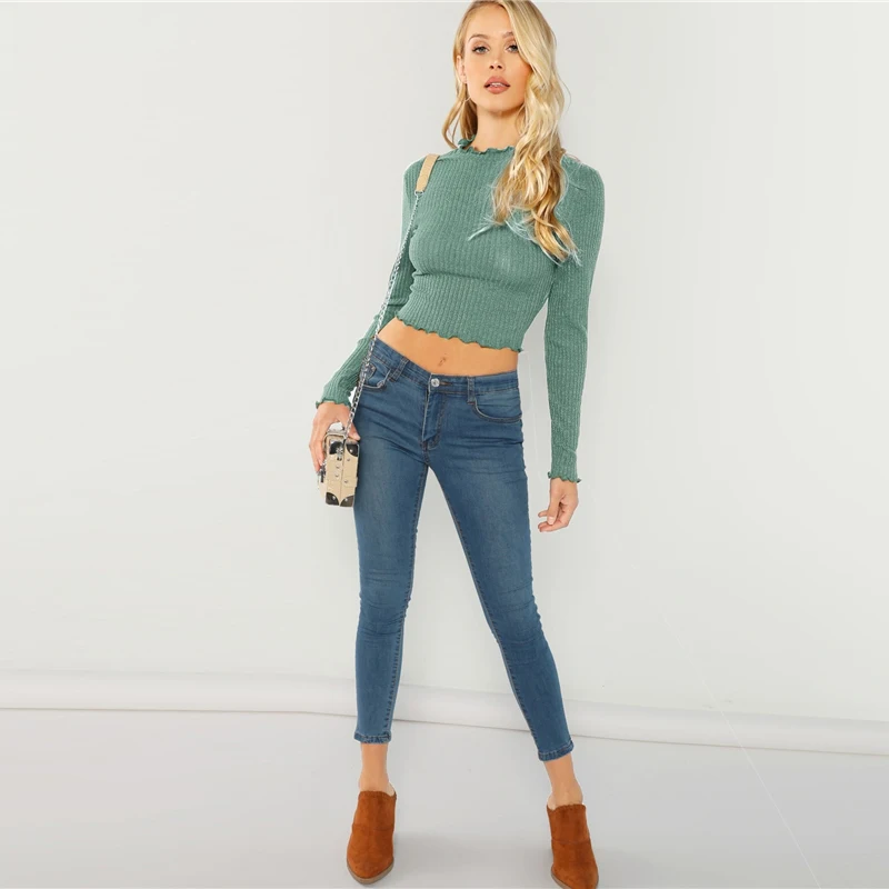 Dotfashion, бордовые, с салатовой отделкой, одноцветные, с длинным рукавом, кроп-топы для женщин, осень, футболка, женская одежда, повседневная, облегающая футболка