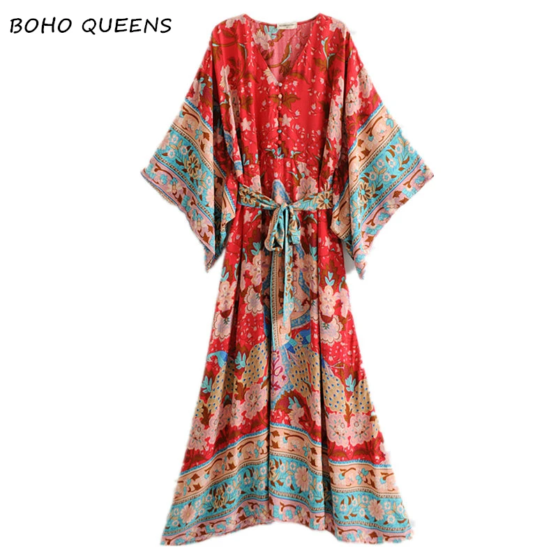 Boho chic женское Красное Цветочное платье с рукавом «летучая мышь», Пляжное богемное платье-кимоно, Дамское летнее платье happie с v-образным вырезом и кисточками