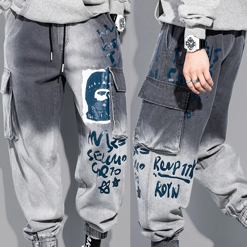 

Джинсы-карго мужские бархатные, теплые брюки-багги со множеством карманов, повседневные брюки-султанки из денима в стиле хип-хоп, уличная од...