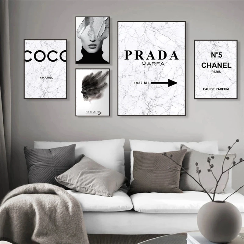 

Nordic Fashion Marble Coco Quotes Poster Black White Vogue Feather Woman Wall Art Canvas Painting Pictures For Living Room Decor