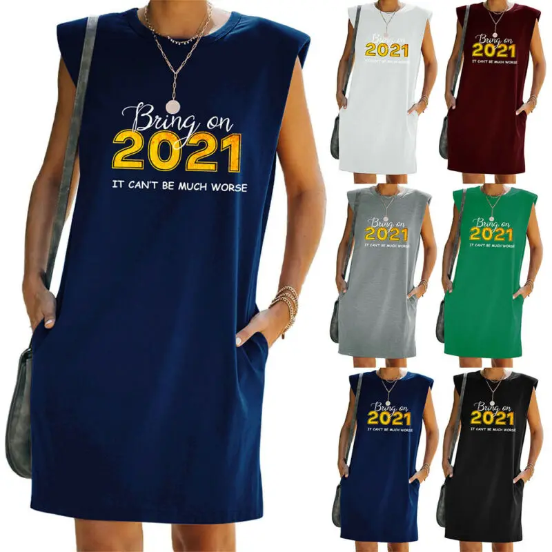 

Womens 2021 New Vest Sleeveless Dress Summer Pockets Mini Dresses Loose Tops Casual Mujer Vestidos Letter Printed Mini Dress