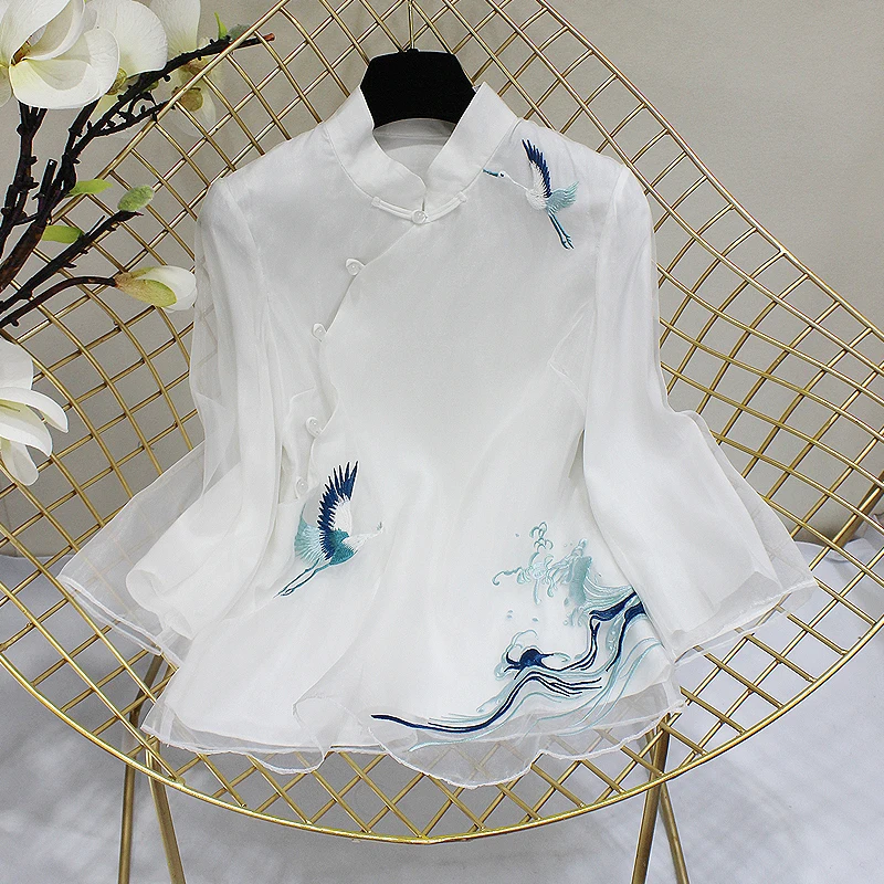 Китайский традиционный топ с цветочным принтом cheongsam, китайская блуза, рубашка qipao с длинным рукавом, китайский Топ для женщин с вышивкой журавля - Цвет: color2