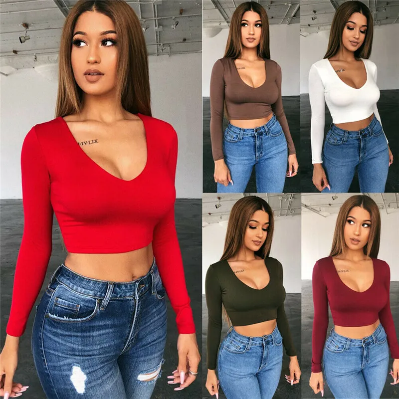 

2020 Sexy Women Solid Tanks Vest Crop Top Autumn Deep V Neck Tanks Beach Women Sports Short Tank Tops Bustier blusa