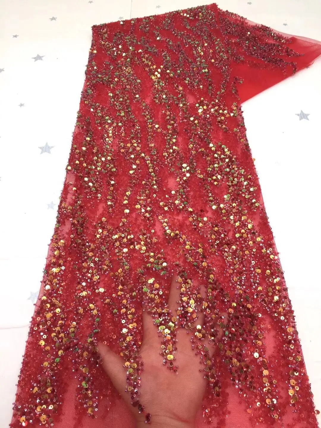 

Sequins Fabrics Net Lace red 3d Flower Sequence Embroidery Elegant Latest Design Style High Quality Hot Sale Beaded Best Price