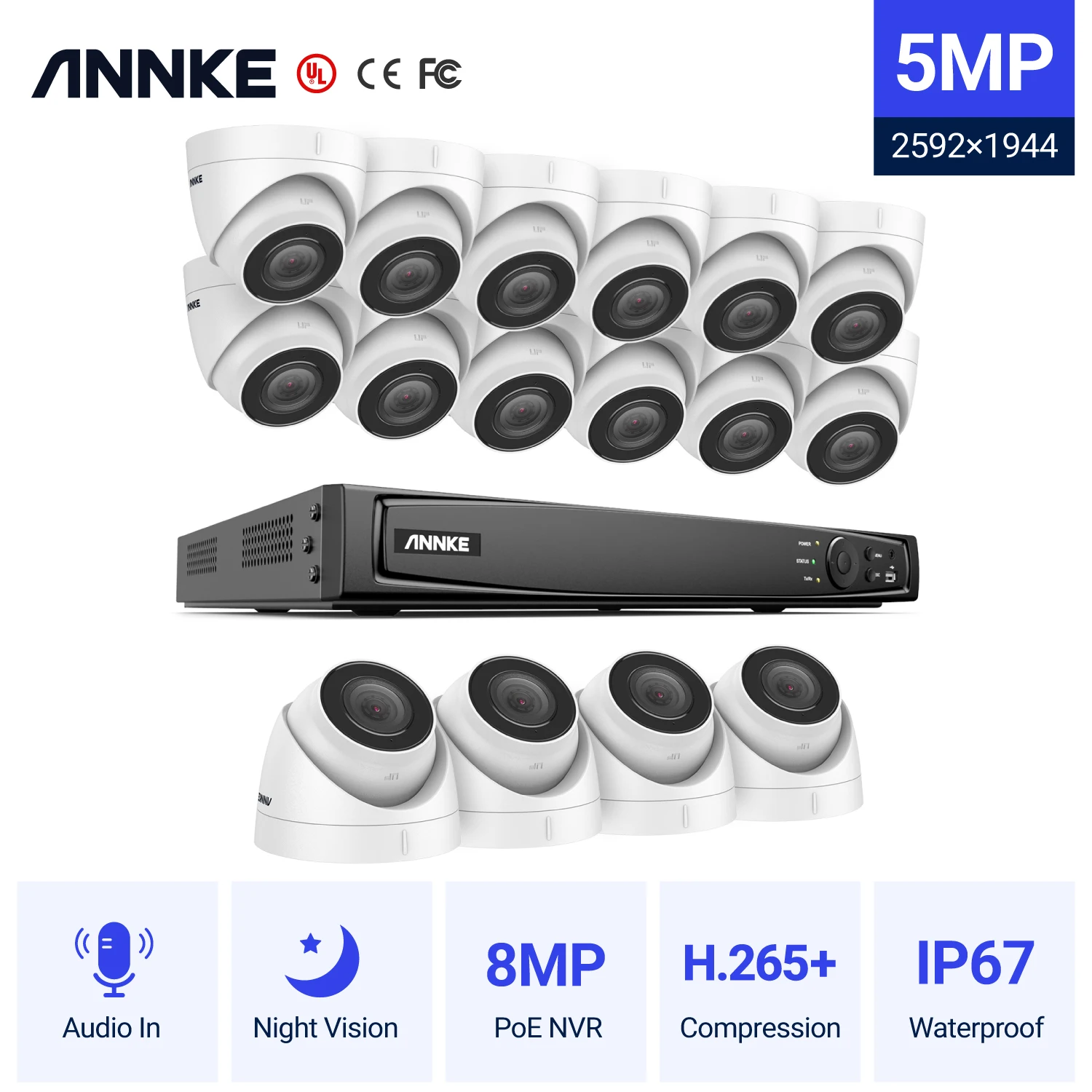 

Система видеонаблюдения ANNKE 16CH FHD 5MP POE H.265 + 8MP NVR с камерами видеонаблюдения 16X 5MP погодозащищенными POE с записью звука