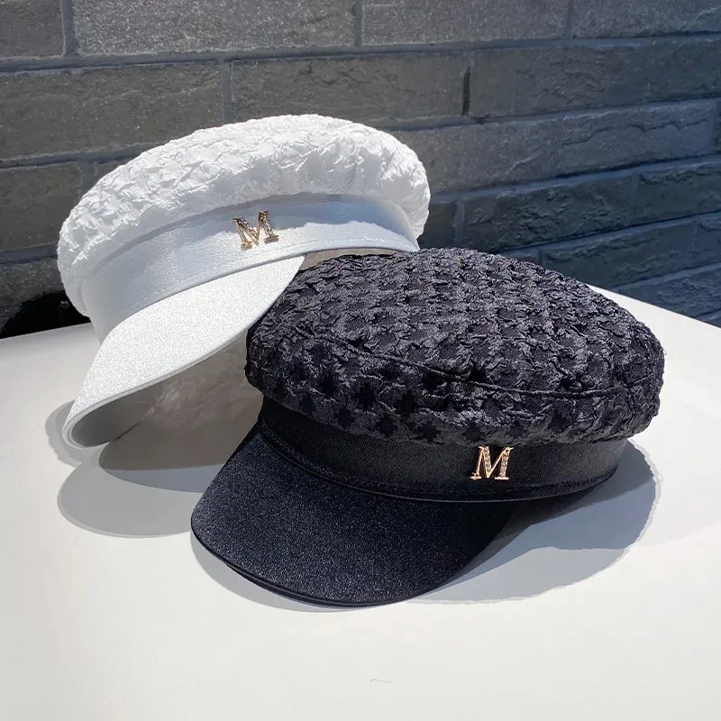 

Fashion Women Men Pleated Hat Spring Autumn Seersucker Letter M Hats Ladies Beret Caps Flat Top Winter Warm Cap Octagonal Hat
